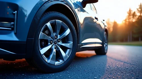 Asfalt yolda park etmiş modern elektrikli SUV'un alaşım jantı ve geniş sırt desenli lastiğinin yakın çekimi