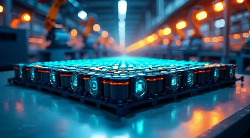 Kesiti görünür şekilde gösterilen elektrikli araç batarya paketi ve geri dönüşüm tesisi ortamı