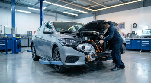 Servis asansöründe ön bagajı açık elektrikli otomobili inceleyen teknisyen
