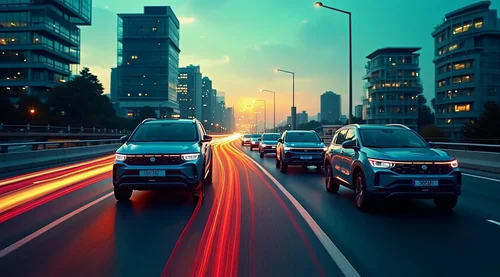 Türkiye'de akşam saatlerinde otoyolda ilerleyen elektrikli SUV modellerinin oluştuğu trafik