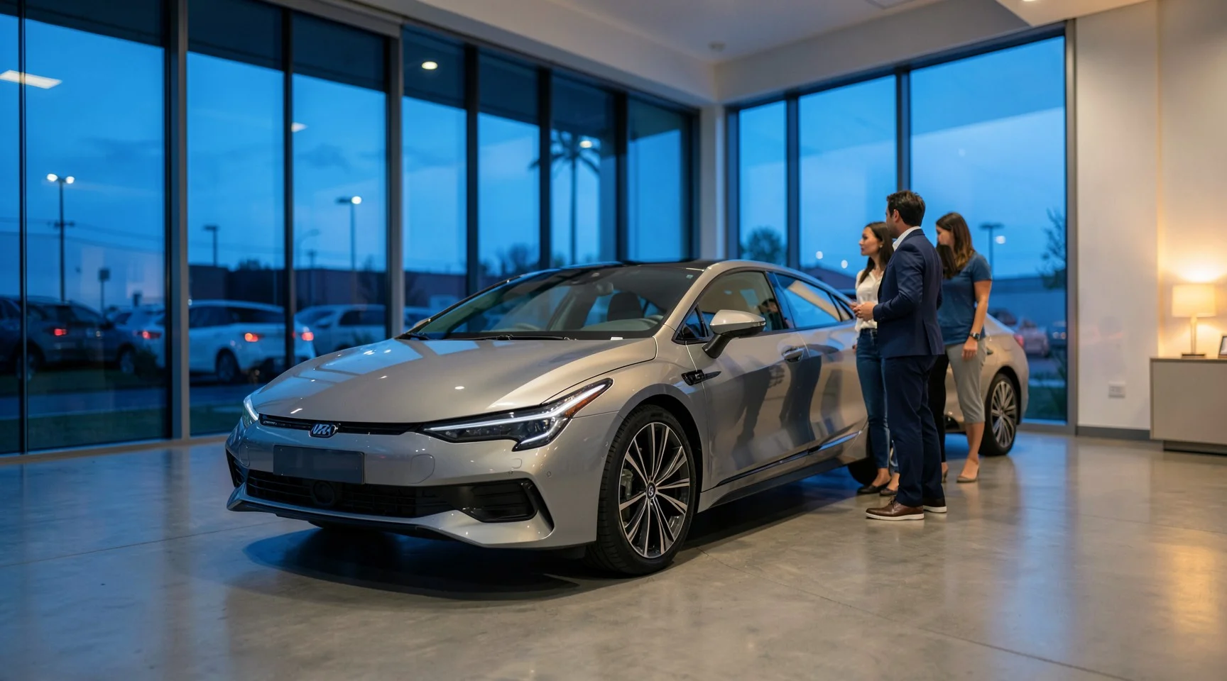 Elektrikli araç bayi showroom'unda satıcı ve müşterinin araç başında konuştuğu akşam saati sahnesi